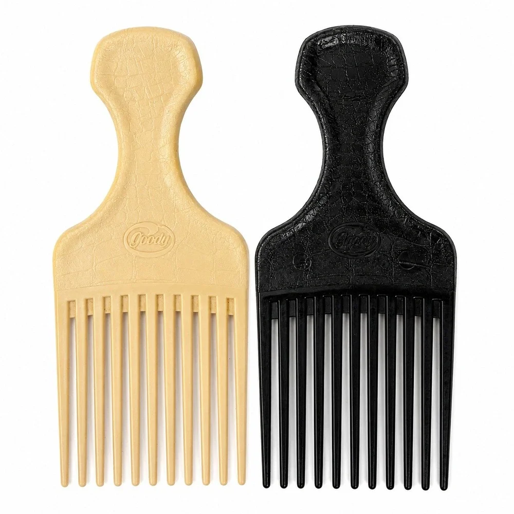 Goody Hair Pick Vintage Faux Croc Set Black Tan Lot 2 Wide Tooth Retro USA Made